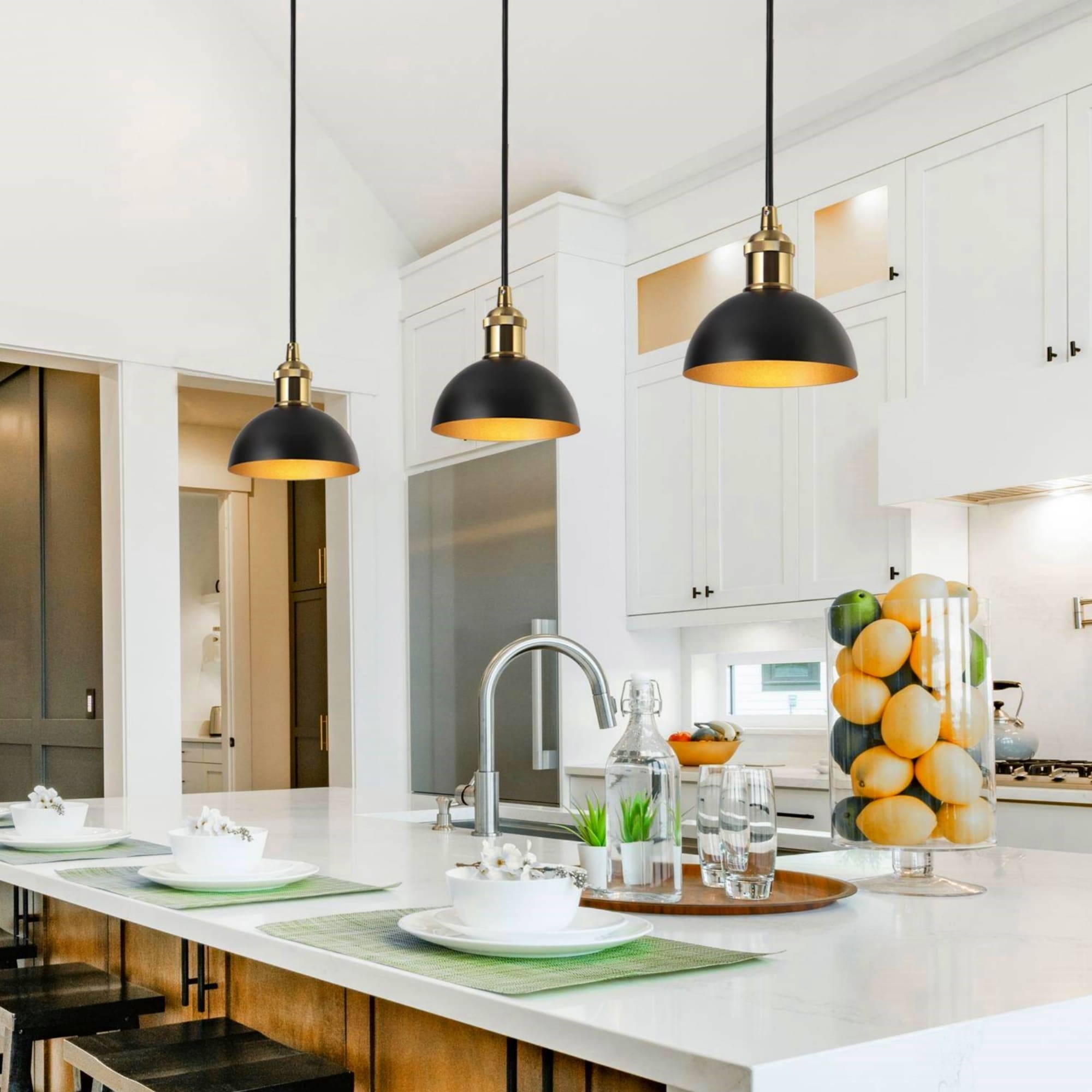 Pendant Light Gold Interior Lining Matte Black Dome