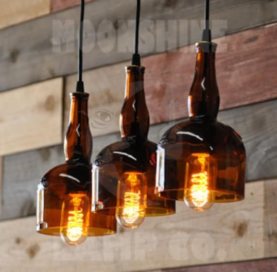 Pendant Light with Liqueur Bottle Shades and Amber Glow
