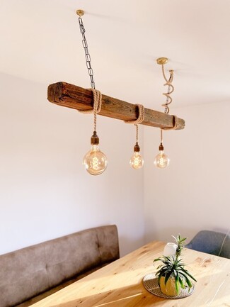 Pendant Light with Rope Wrapped Cords and Weathered Beam