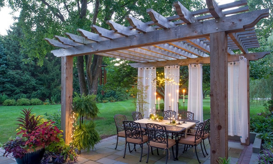 Pergola Exposed Beams and Sheer Outdoor Curtains Retreat