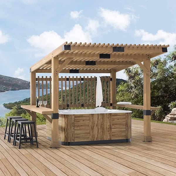 Pergola Gazebo with Sloped Slatted Roof and Bar Shelves