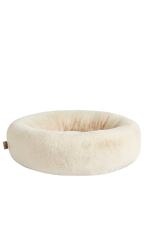 Pet Bed: Bone White Plush Faux Fur Round Bolster Nest