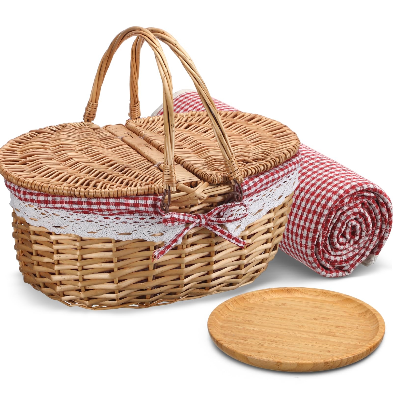 Picnic Basket Set Double Hinged Lid Lace Trim Gingham Lining