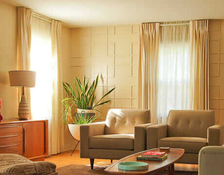 Pinch Pleat Draperies: Grid Molding Retro Living Decor