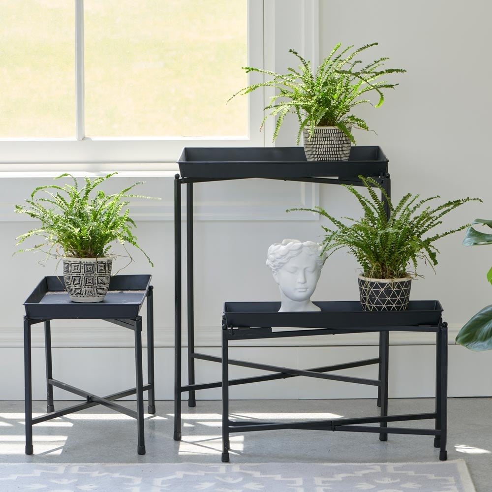 Plant Stand Tiered Heights Folding Legs Matte Black Tray