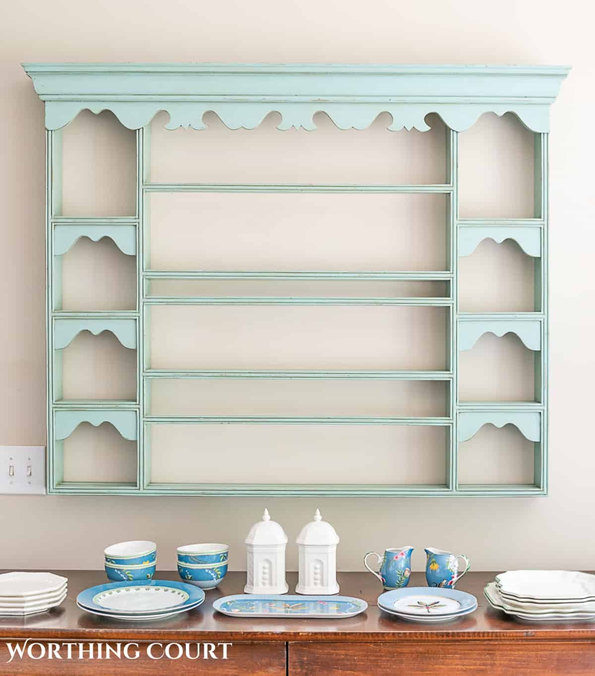 Plate Rack: Seafoam Blue Wall Shelf Scalloped Molding