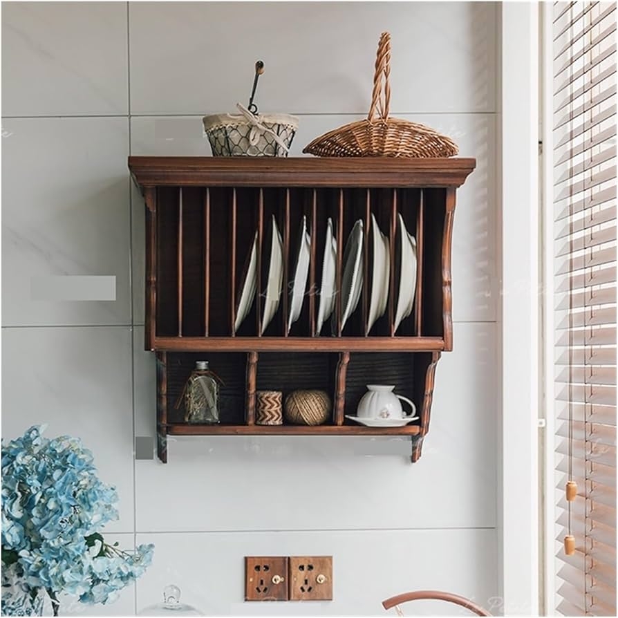 Plate Rack: Vertical Plate Slots Walnut Wall Organizer