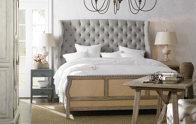 Platform Bed: Burlap Panels and Tufted Wingback Silhouette