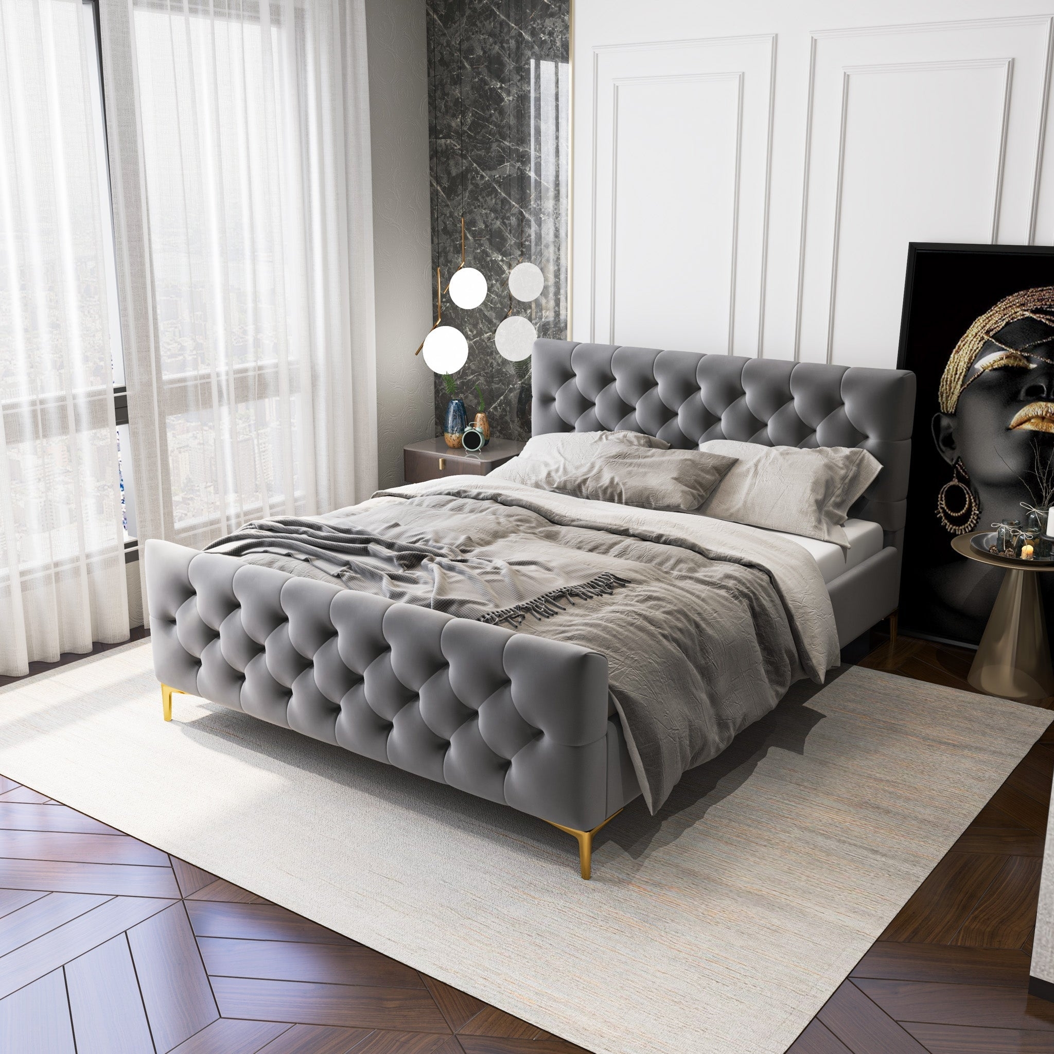 Platform Bed featuring Diamond Tufted Footboard and Gold Legs