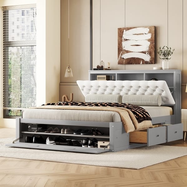 Platform Bed featuring Integrated Shoe Rack and Shelf Headboard