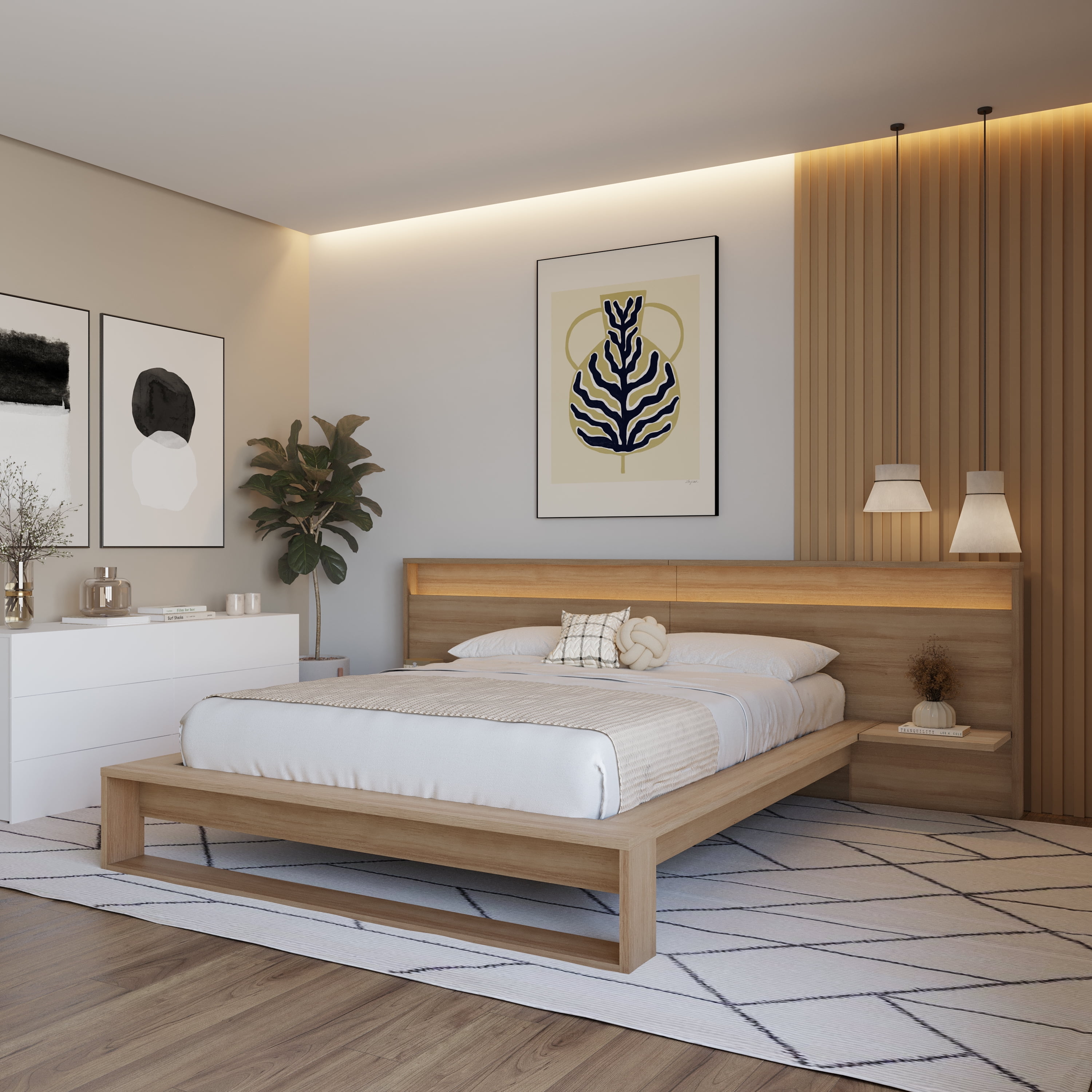 Platform Bed Floating Nightstands Warm Oak Bedroom Set