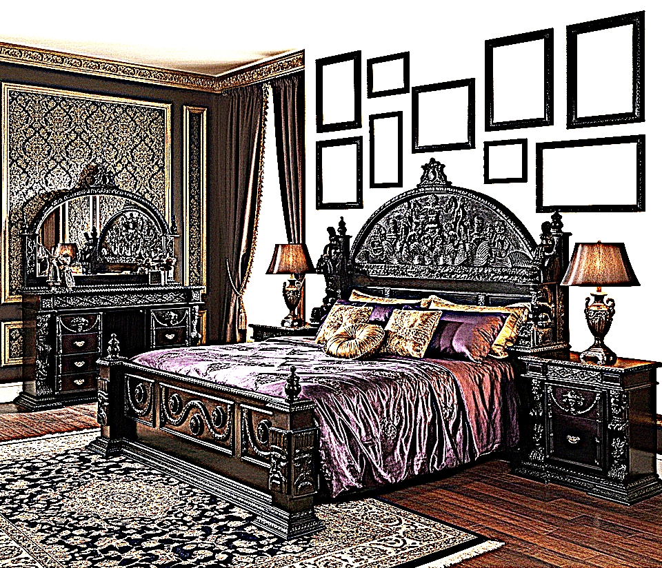 Platform Bed Hand Carved Headboard Plum Goth Decor