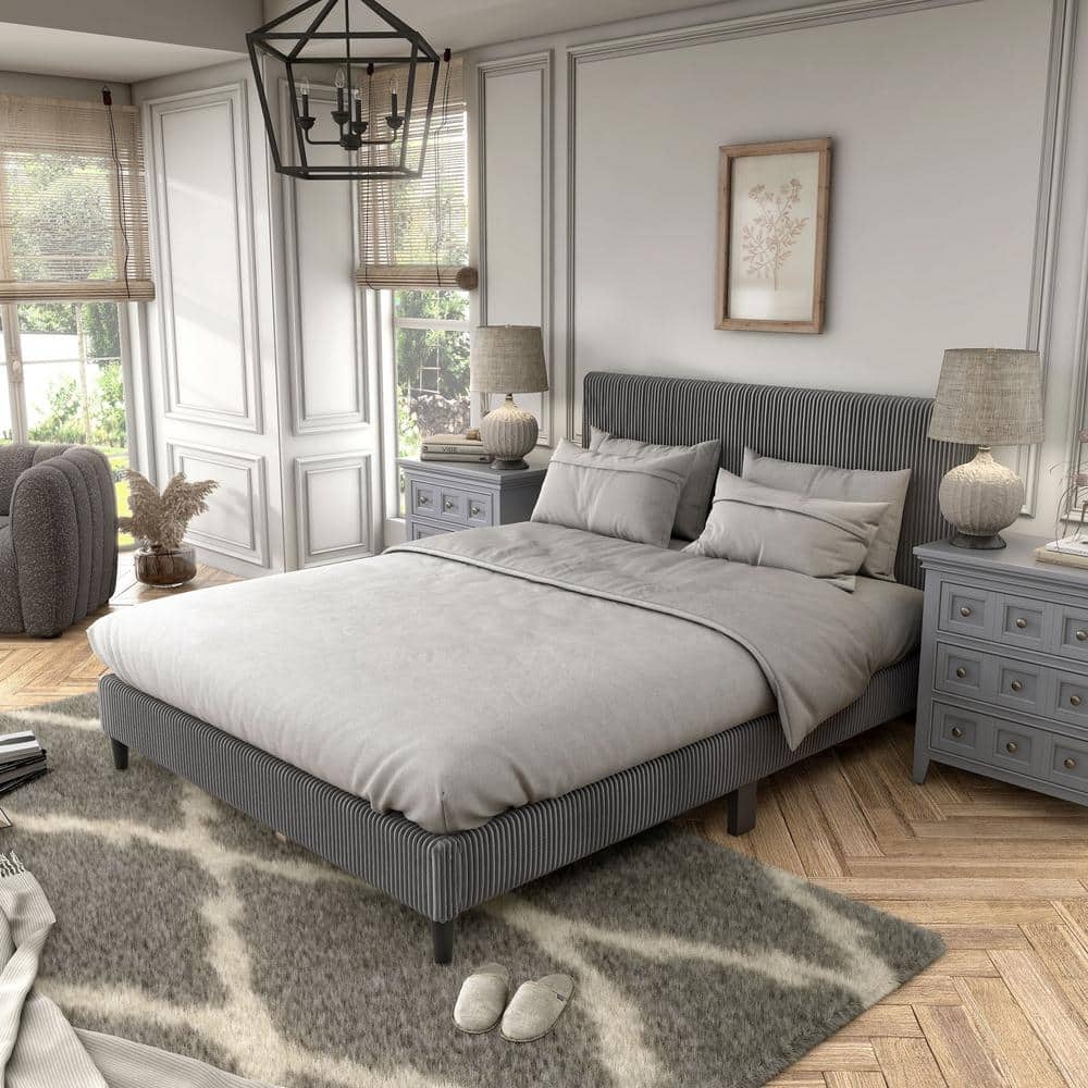 Platform Bed in Corduroy Upholstery with Vertical Ribbing Texture