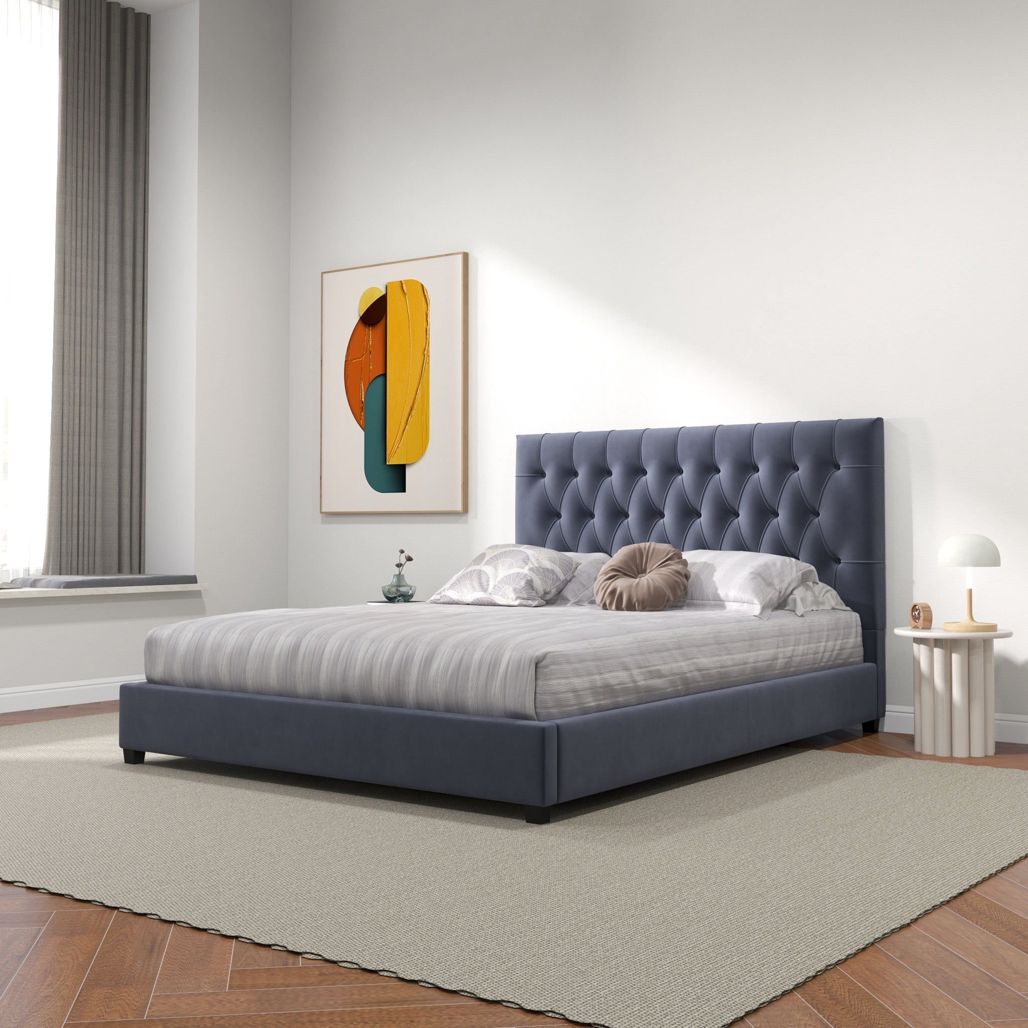 Platform Bed in Slate Upholstery with Diamond Tufted Headboard