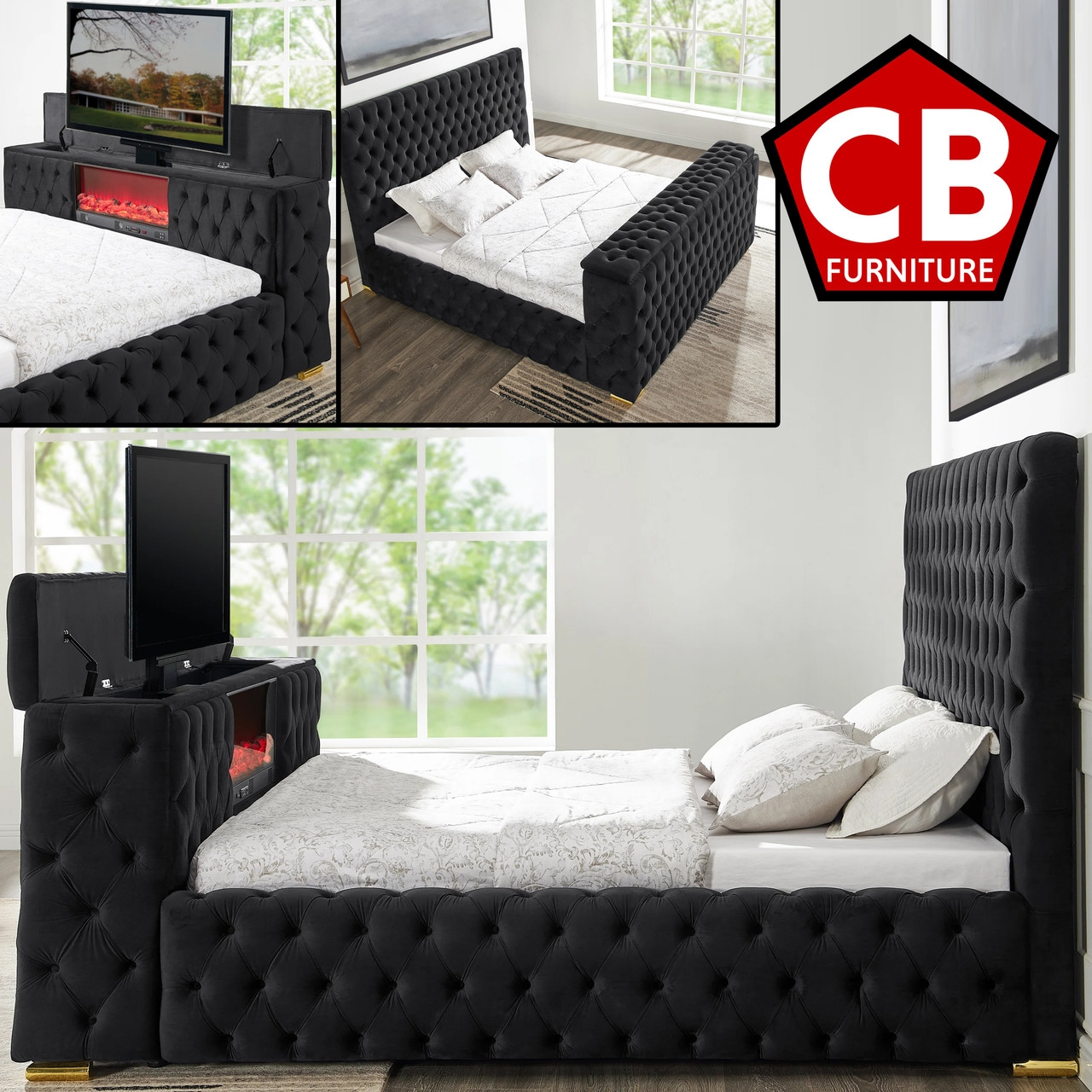 Platform Bed Utilizing Black Velvet Tufting and Storage Bed