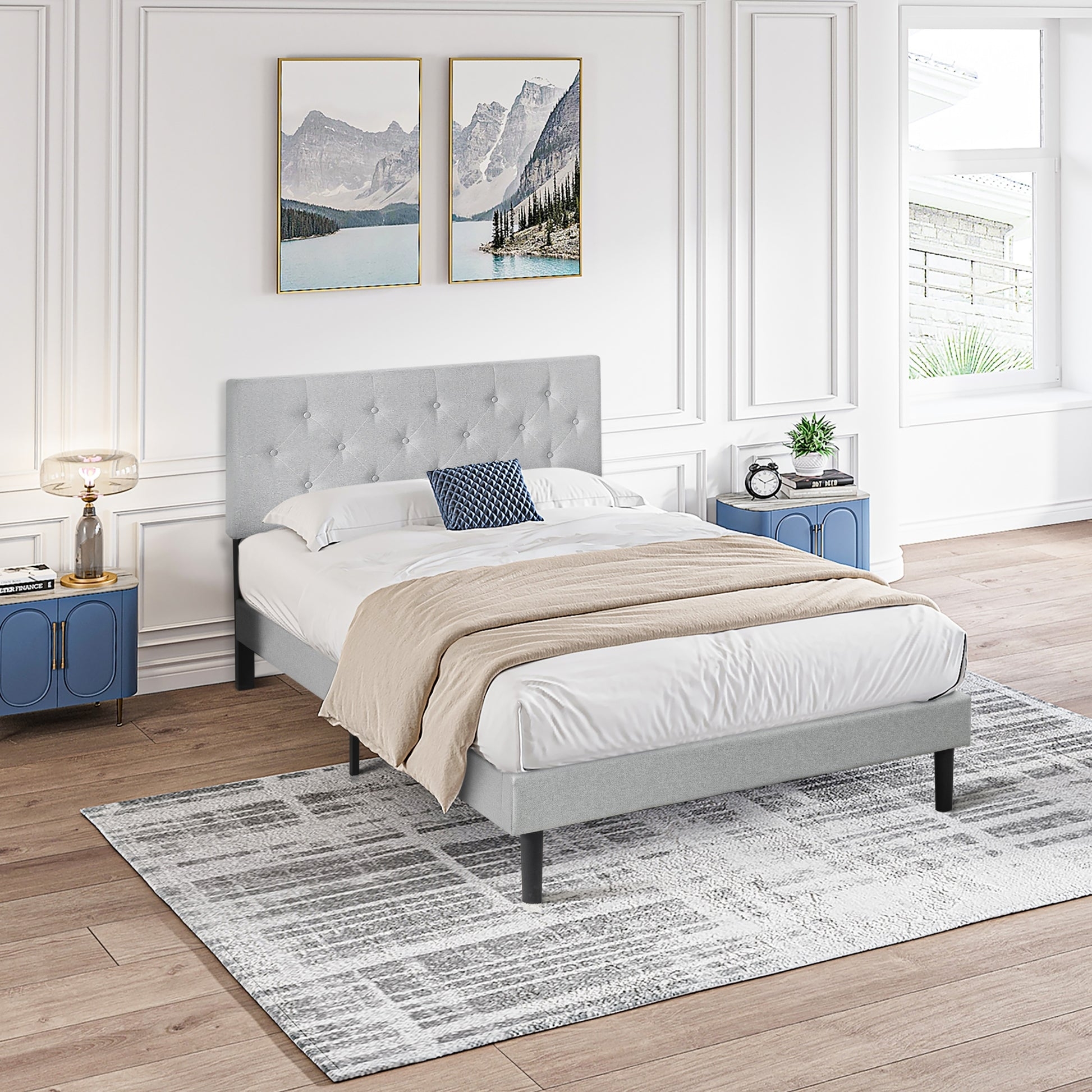 Platform Bed with Button Tufted Headboard in Textured Linen