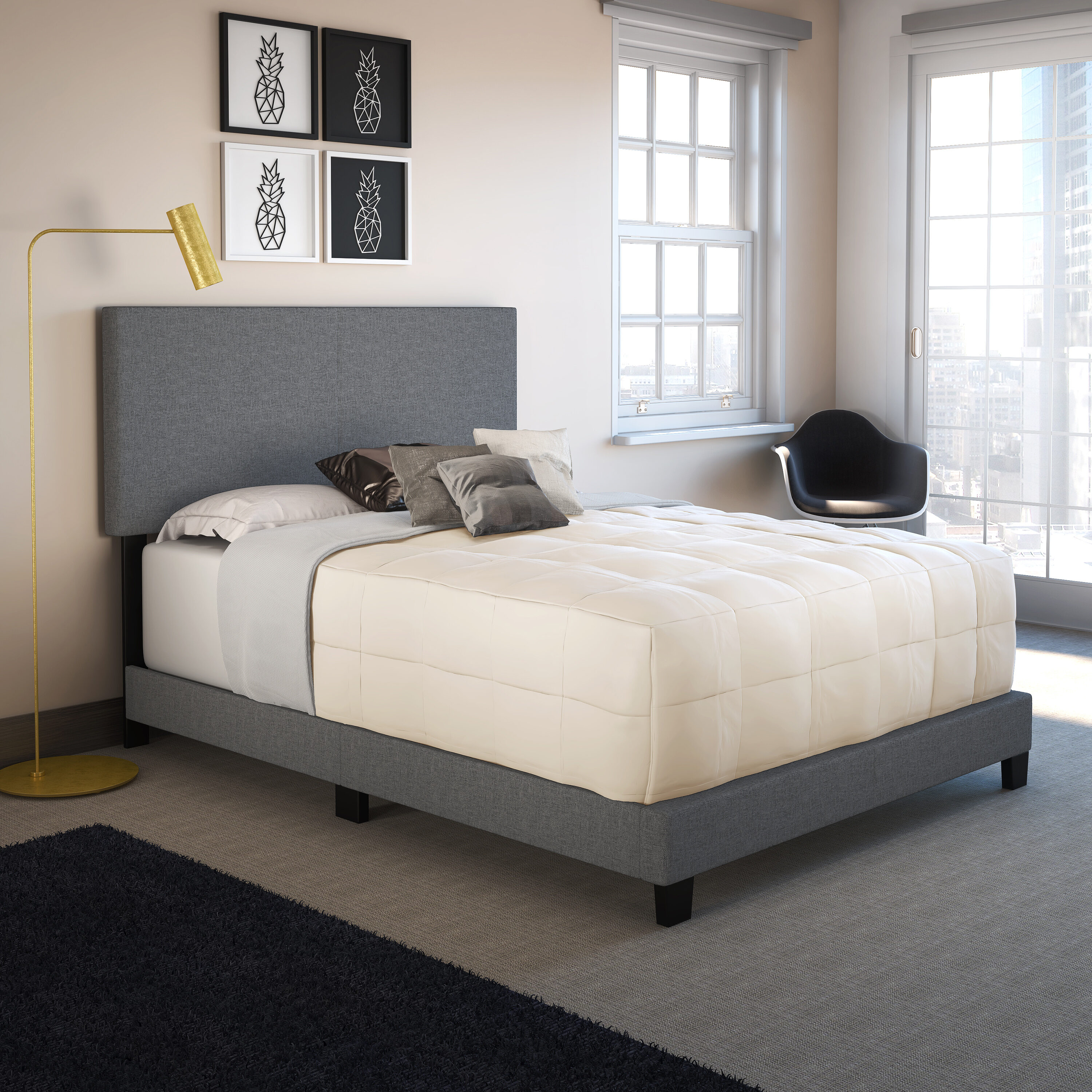 Platform Bed with Charcoal Linen Texture and Rectangular Profile