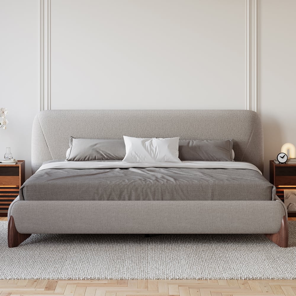 Platform Bed with Curved Headboard and Sculptural Walnut Legs