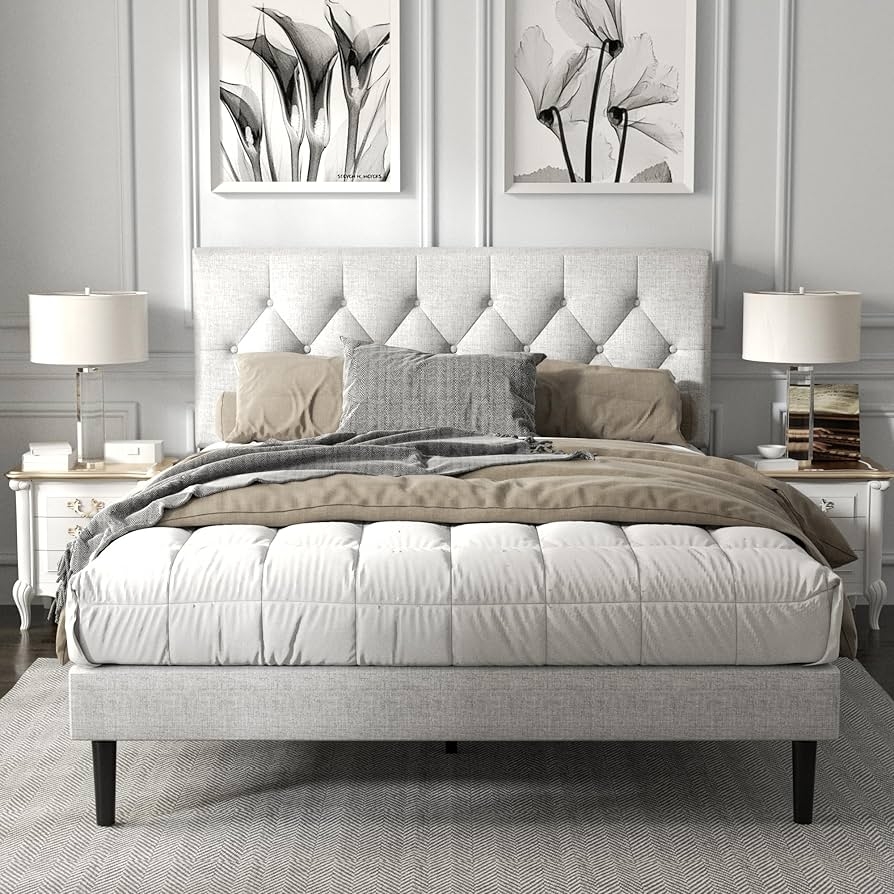 Platform Bed with Diamond Tufting and Tapered Black Metal Legs