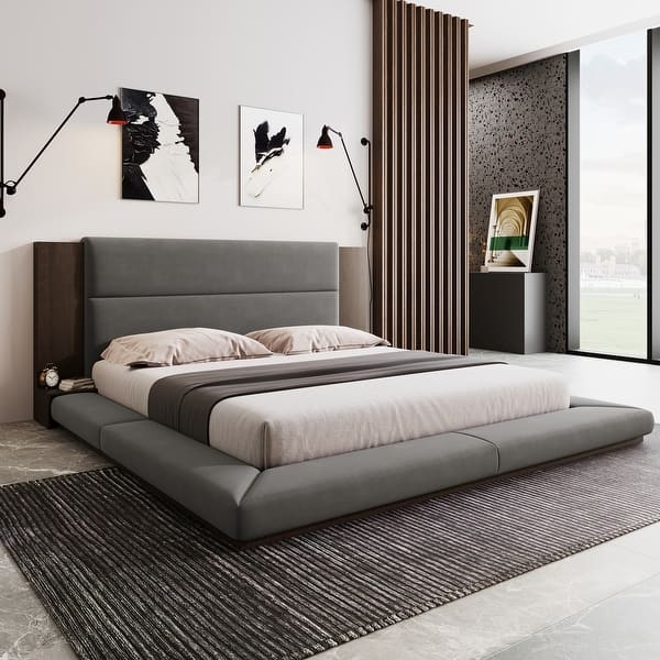 Platform Bed with Floor Profile and Extended Wood Headboard Shelf