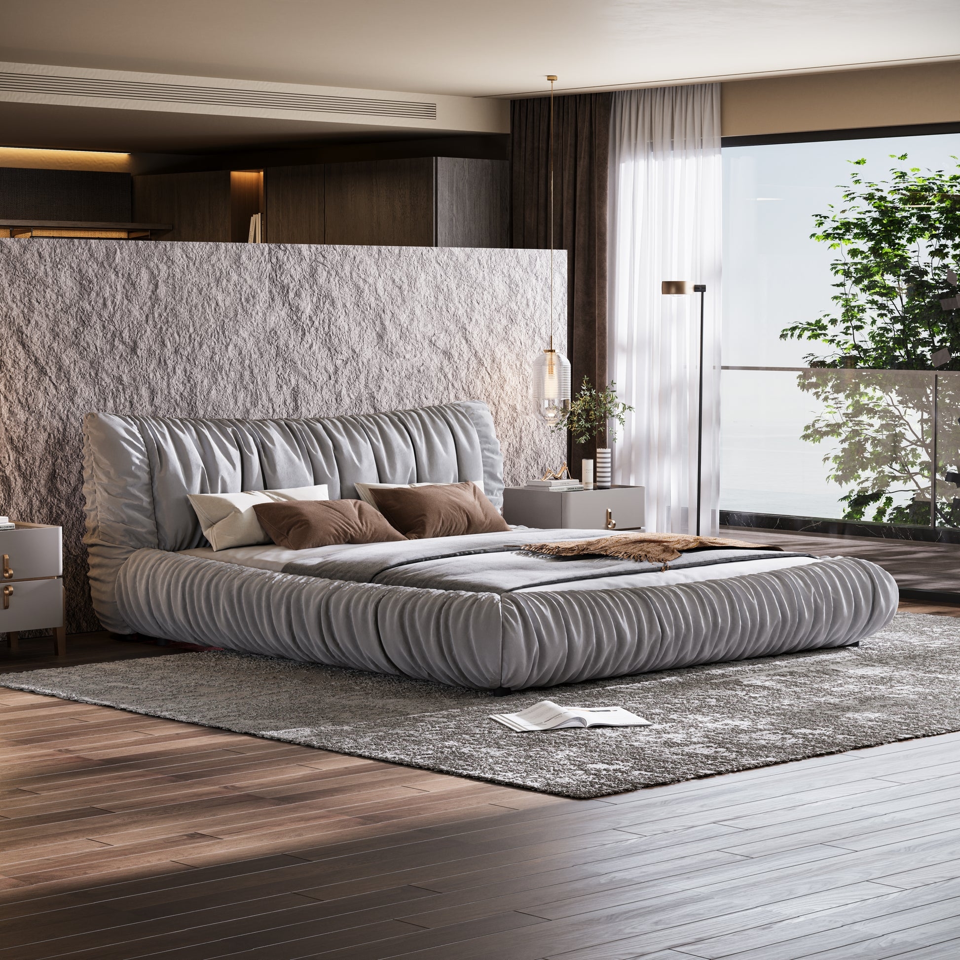 Platform Bed with Gathered Upholstery in Textural Charcoal