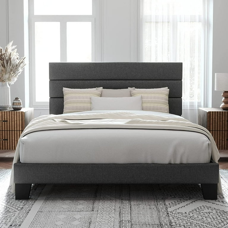 Platform Bed with Horizontal Channel Tufting in Dark Grey Fabric