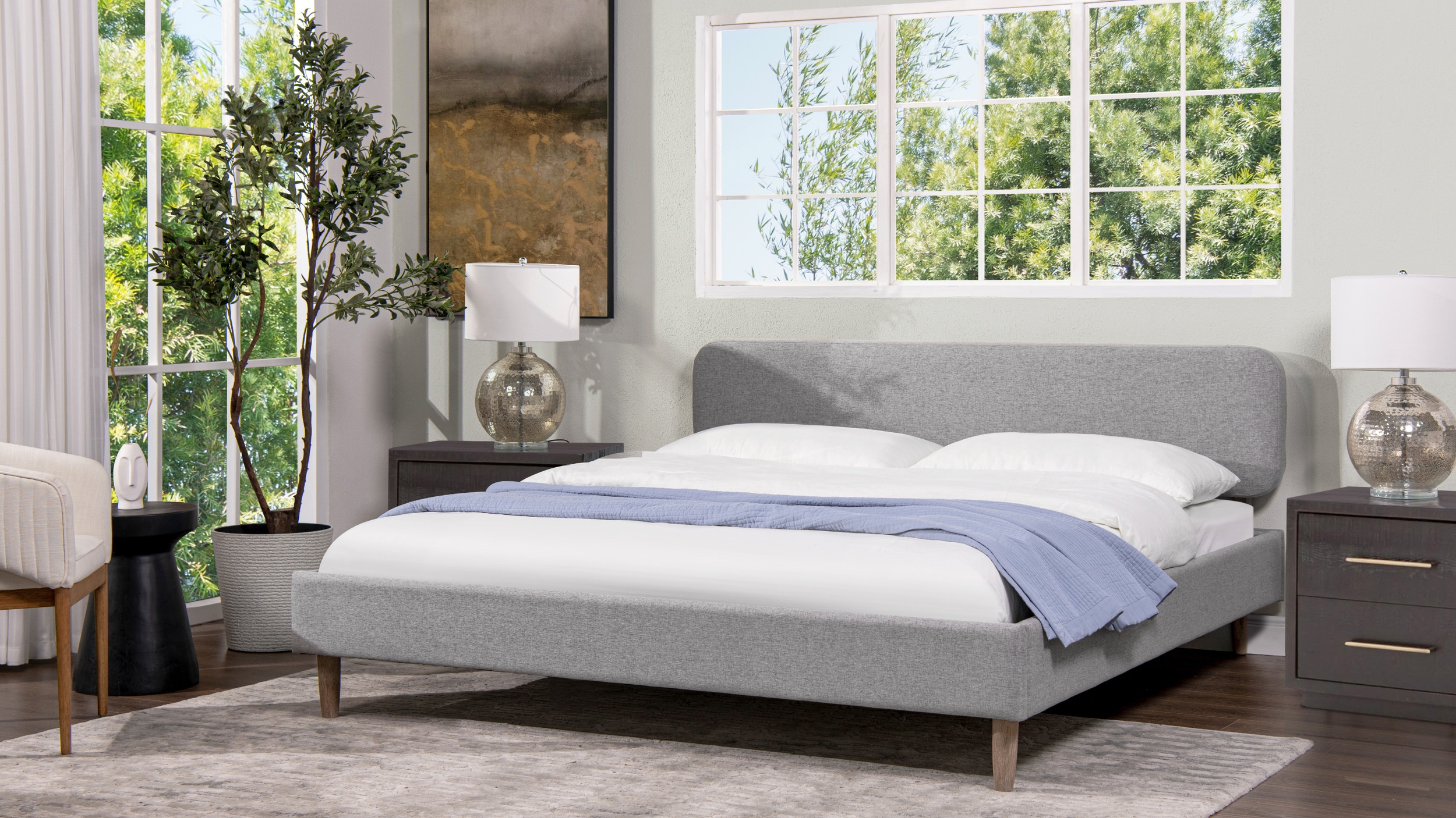 Platform Bed with Rounded Headboard and Low Profile Tapered Legs