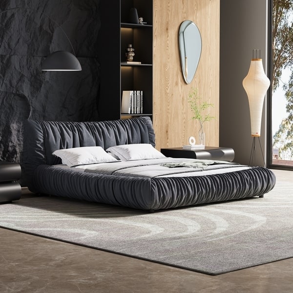 Platform Bed with Ruched Upholstery and Designer Low Profile