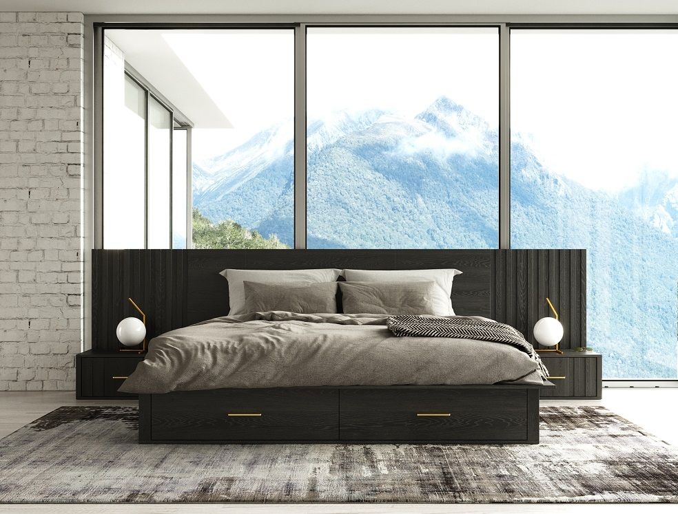 Platform Bed with Slatted Headboard and Integrated Nightstands