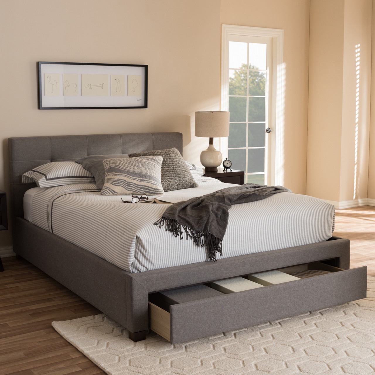 Platform Bed with Storage Drawer and Contemporary Grid Stitching