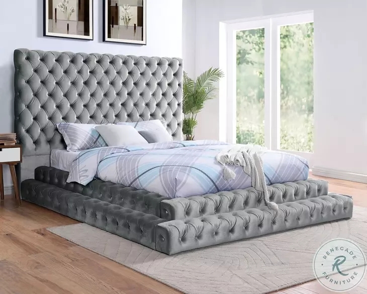 Platform Bed with Tiered Base and Oversized Diamond Tufted Frame