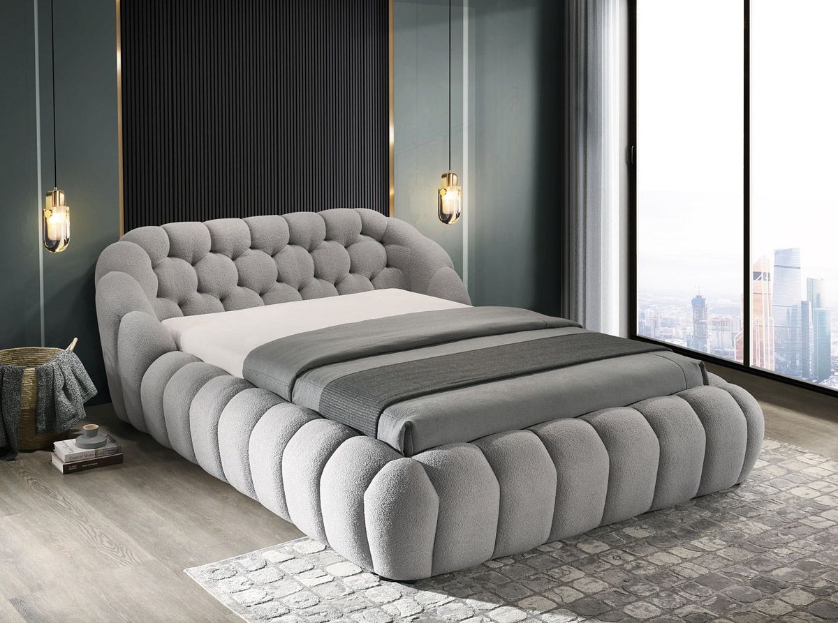 Platform Bed with Vertical Channeling and Plush Chenille