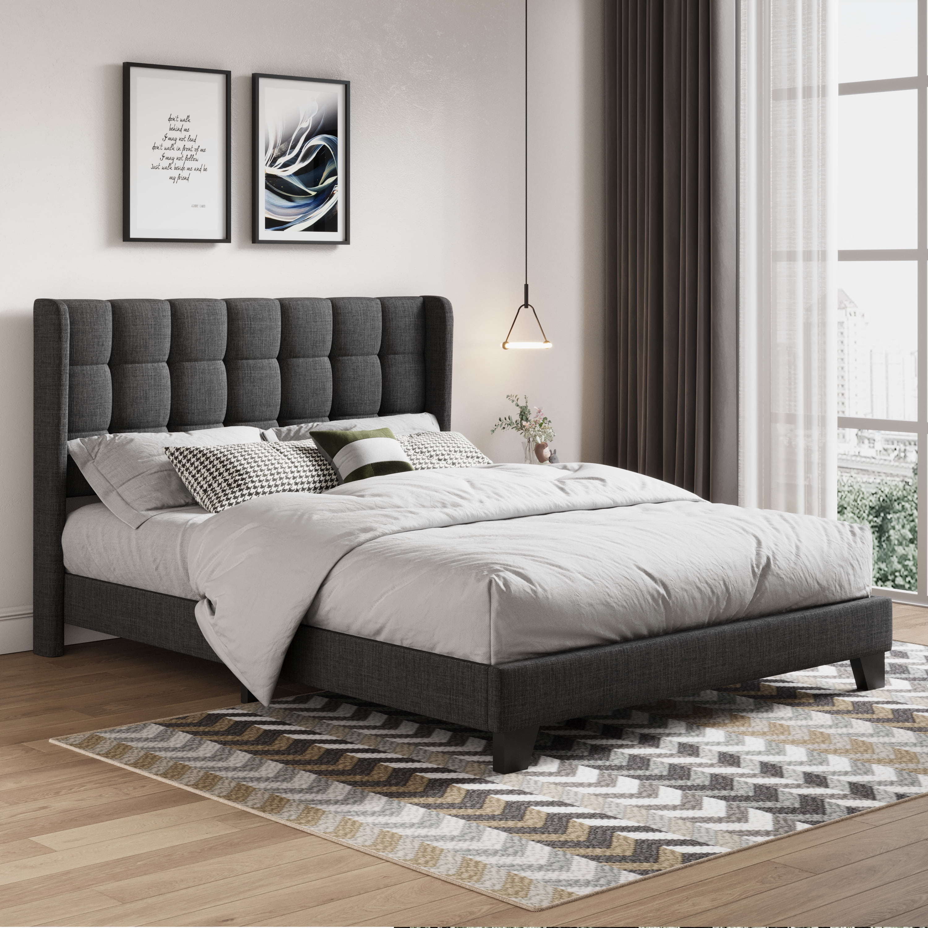 Platform Bed with Wingback Headboard and Square Stitched Fabric