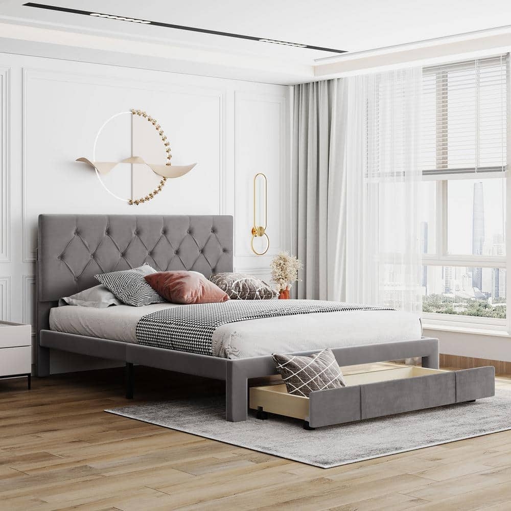 Platform Storage Bed with Integrated Drawer and Slate Velvet Tufting