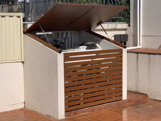 Pool Filter Enclosure: Rendered Walls with Wood-Look Slats