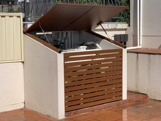 Pool Filter Enclosure: Rendered Walls with Wood-Look Slats