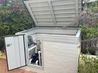 Pool Pump Enclosure: Integrated Masonry Base Slat Texture