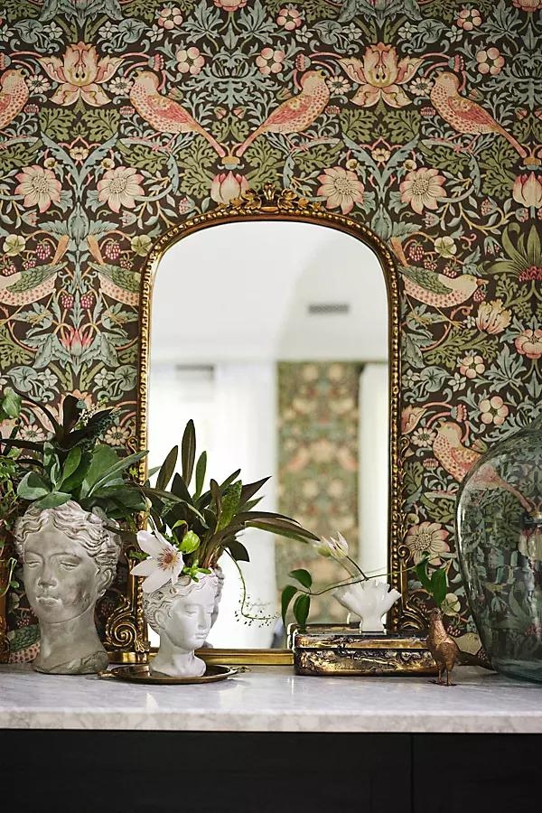 Portrait Mirror Arched Brass Ornate Crest Victorian Inspired