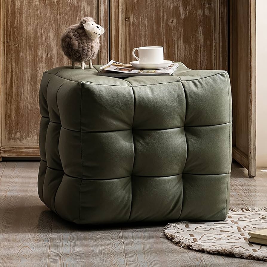 Pouf Ottoman: Grid Tufted Leatherette Olive Green Cube Pouf