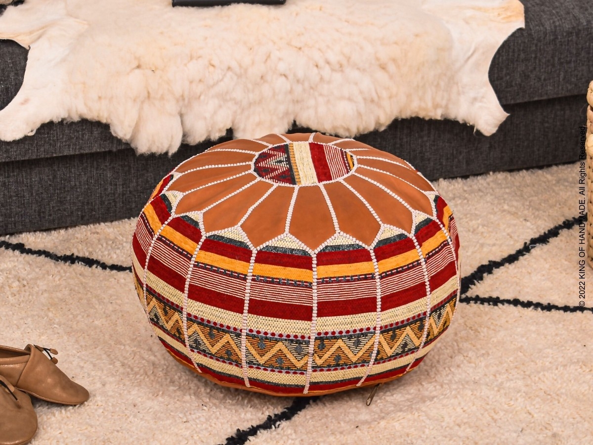 Pouf Ottoman: Starburst Top Kilim Pattern Boho Leather Ottoman