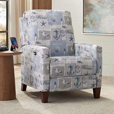 Power Recliner Nautical Motif Sky Blue Coastal Power Recliner