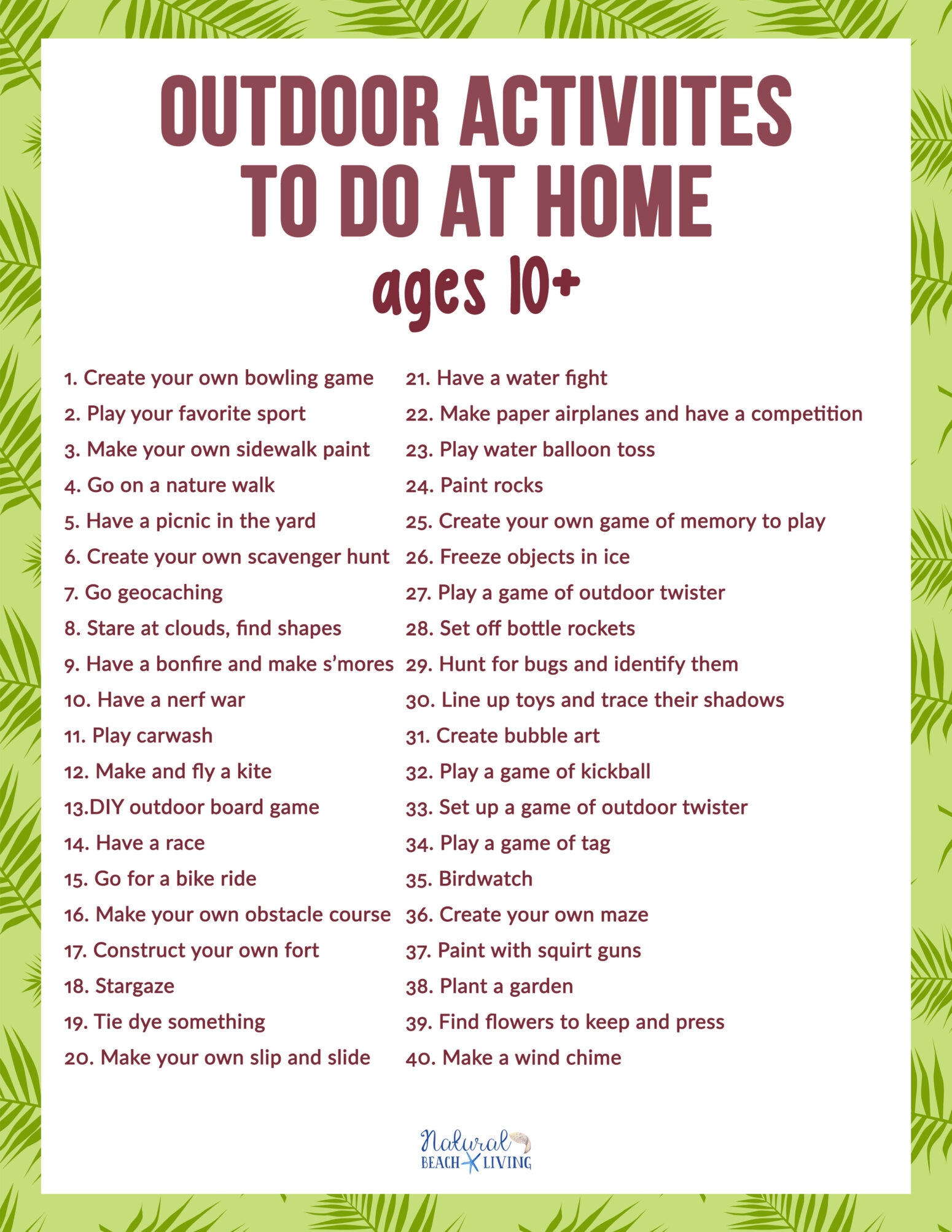 Printable Checklist with Forty Outdoor Ideas for Teen Home Activities