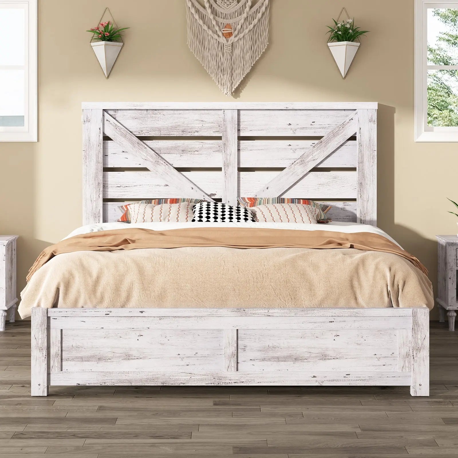 Queen Bed Frame with Barn Door Headboard in Whitewash