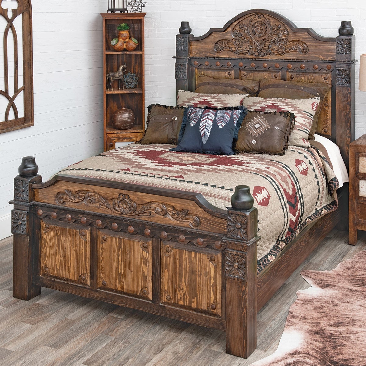 Queen Bed with Floral Relief Carving and Ranch Style