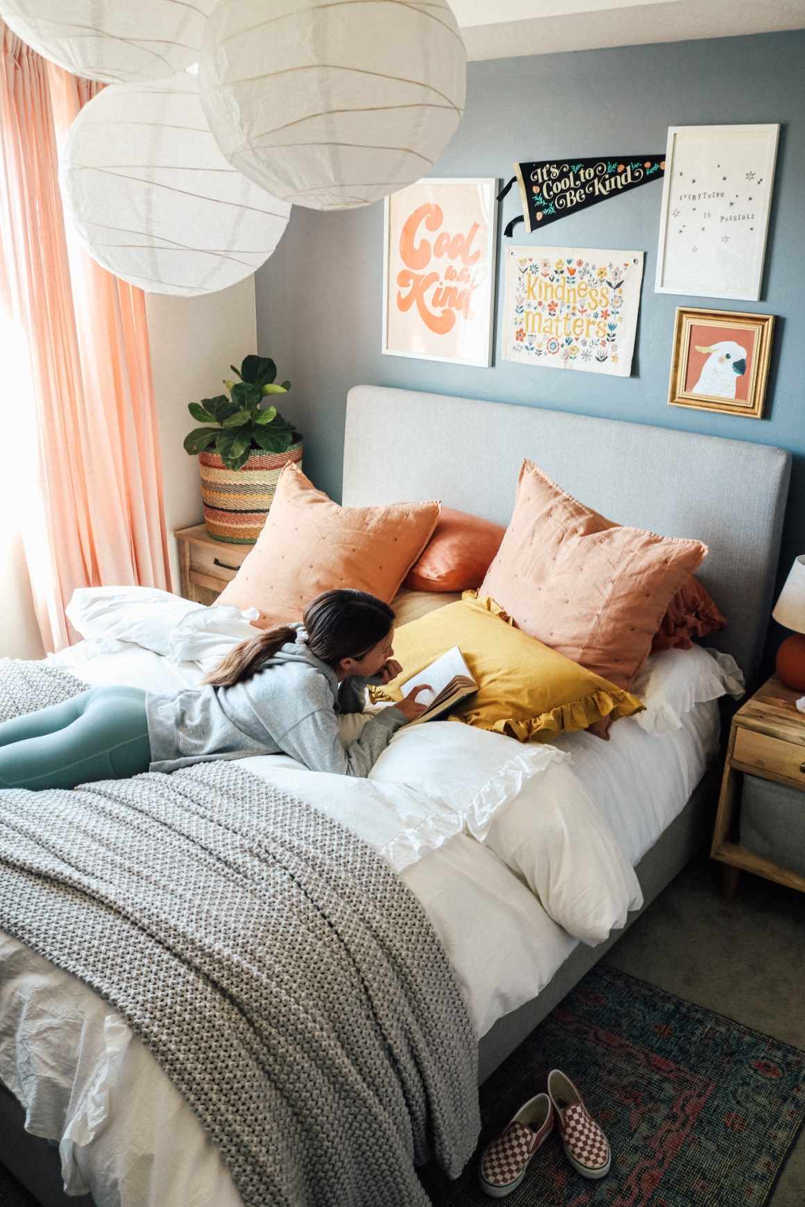 Queen Bed with Oversized Paper Lanterns and Boho Bedroom Gallery Wall