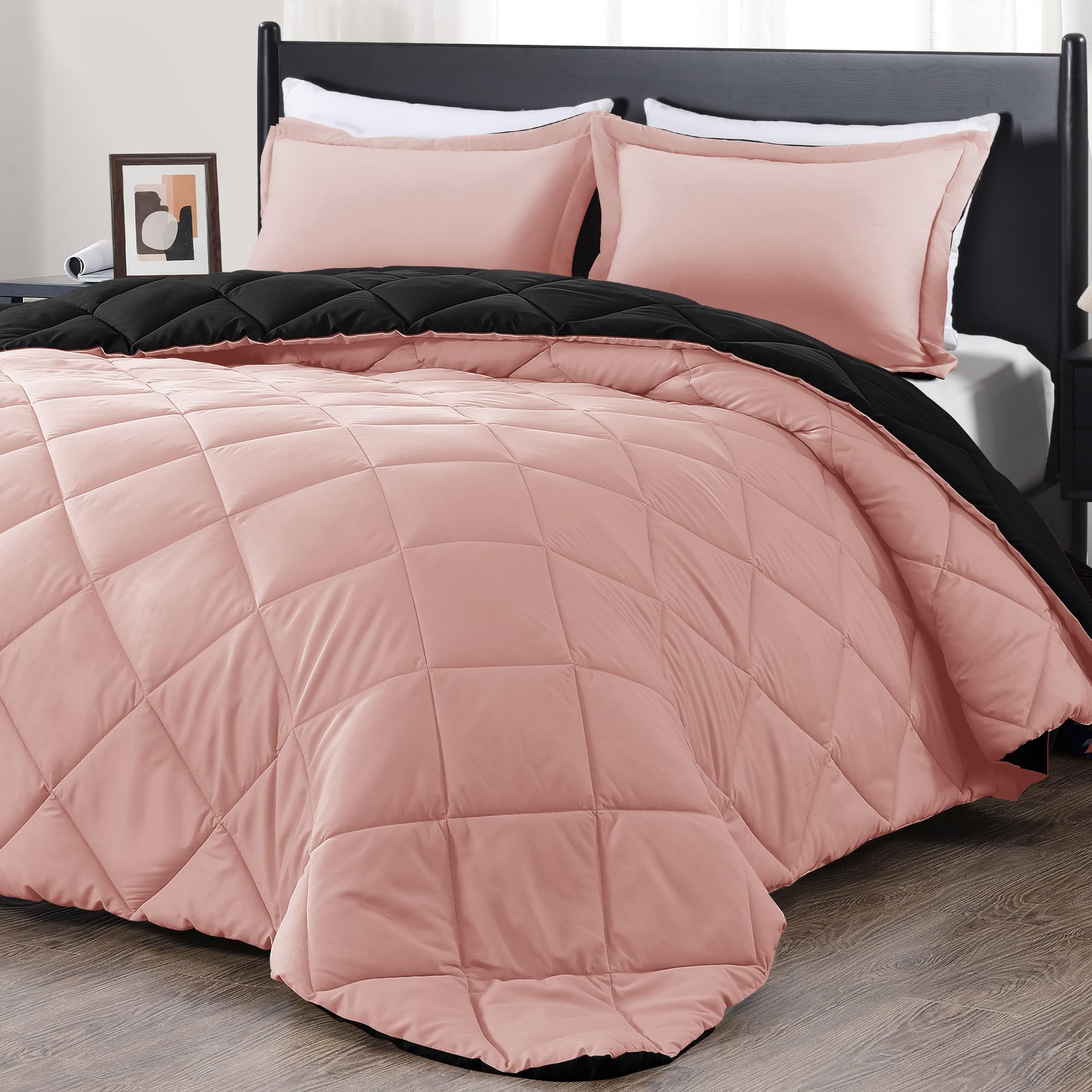 Queen Comforter Set Diamond Quilted Texture Reversible