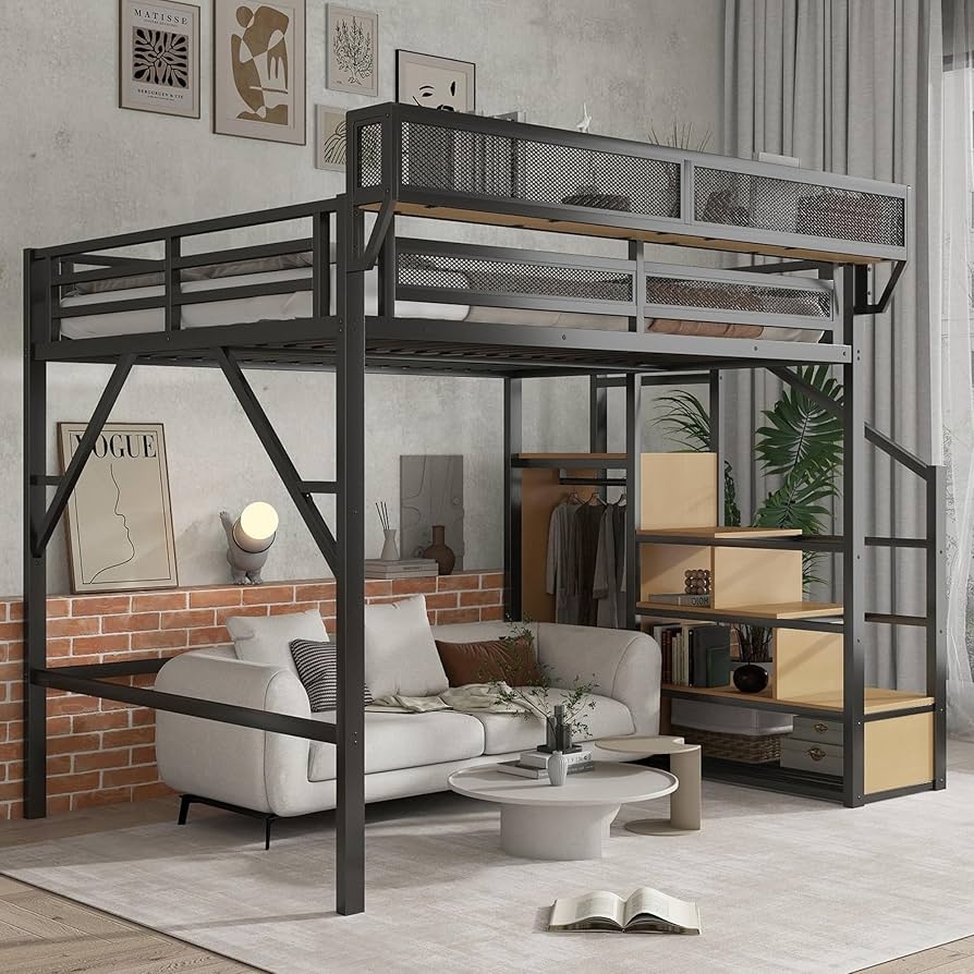 Queen Loft Bed with Multi Functional Base and Wardrobe
