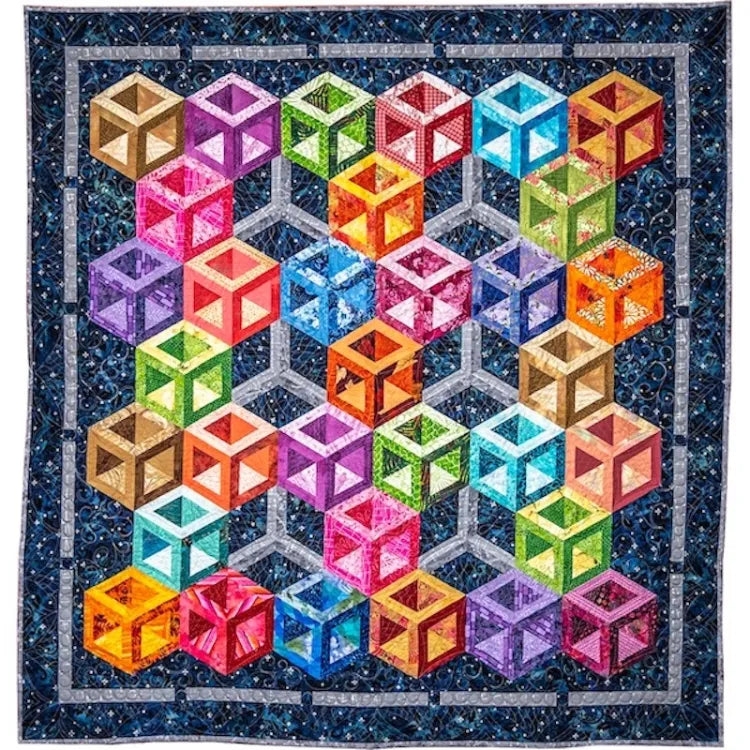 Quilt: 3D Cube Illusion with Starry Navy Field Pattern