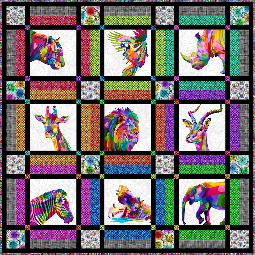Quilt: Prismatic Animal Portraits with Dotted Sashing