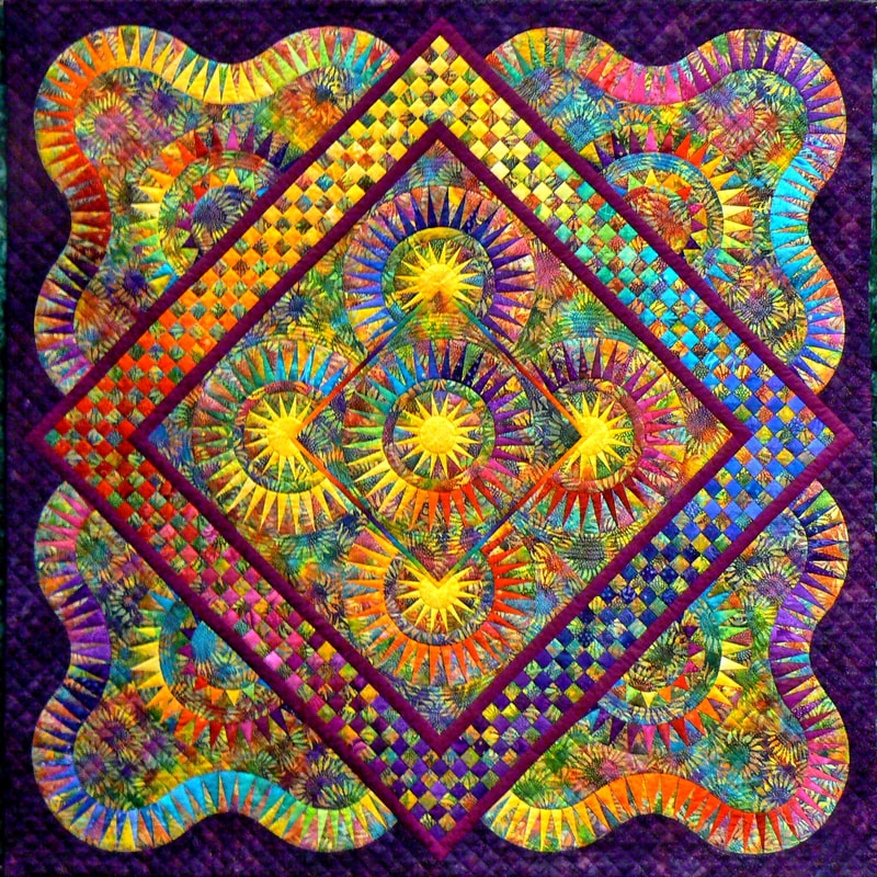 Quilt: Radial Sunbursts with Checkered Diamond Border